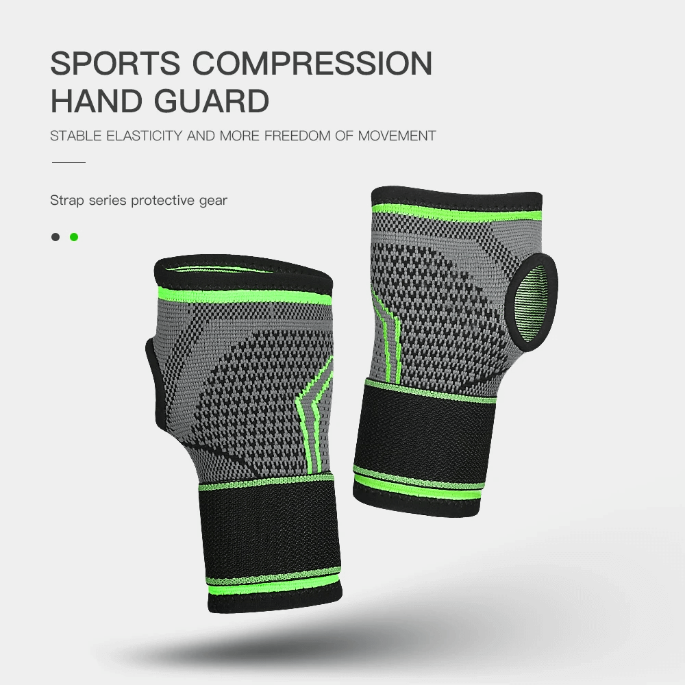 Adjustable elastic wrist support bandage in gray and neon green for sports and gym workouts, enhancing wrist stability and movement freedom.